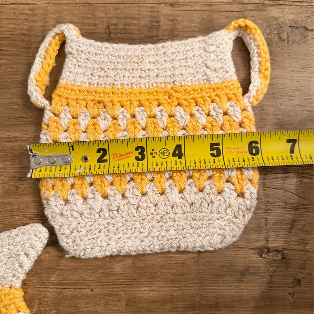 Vintage Crochet Pot Holders. Yellow Cream Metallic Gold. Kitchen MCM 1970s